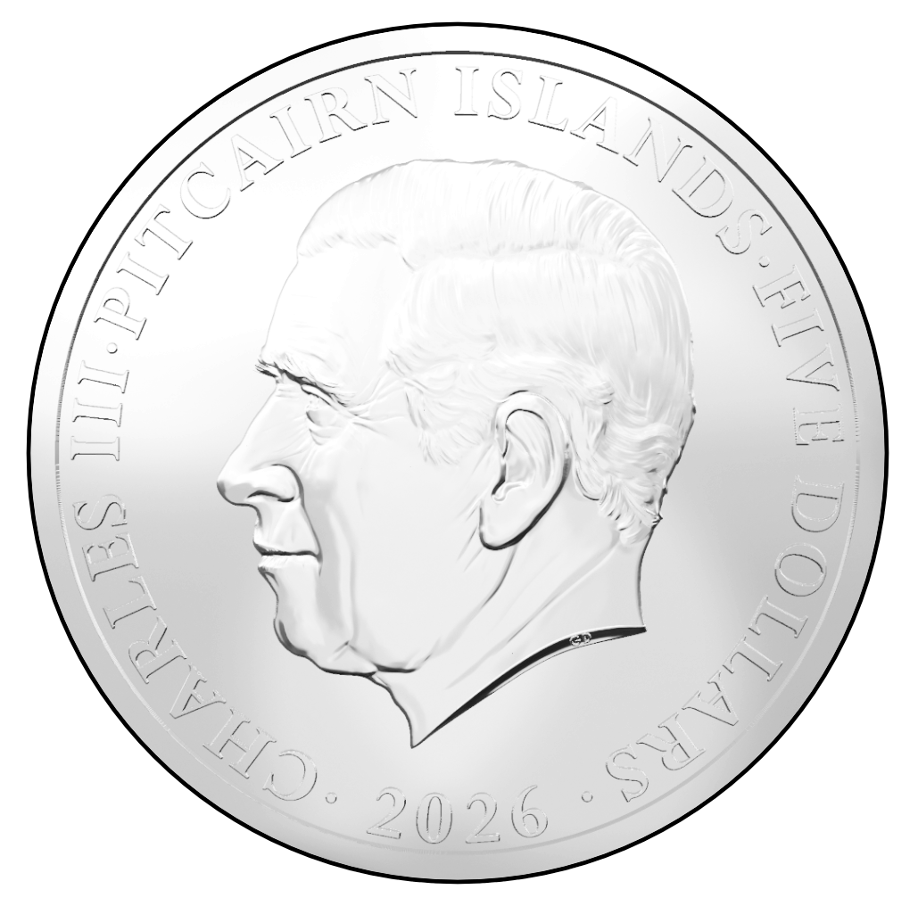 Obverse: King Charles III portrait on the 2026 Pitcairn Islands five-dollar Bake-Kujira silver coin.