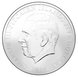 Obverse: King Charles III portrait on the 2026 Pitcairn Islands five-dollar Bake-Kujira silver coin.