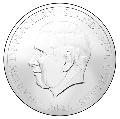 Obverse: King Charles III portrait on the 2026 Pitcairn Islands five-dollar Bake-Kujira silver coin.