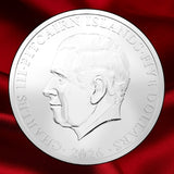 Obverse: King Charles III portrait on the 2026 Pitcairn Islands five-dollar Bake-Kujira silver coin.