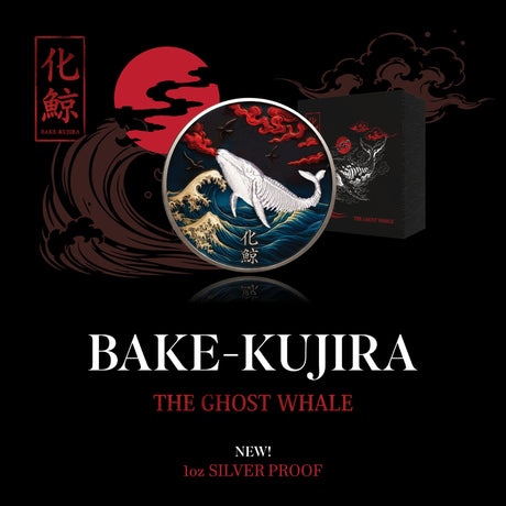 Square artwork: Bake-Kujira Ghost Whale coin and presentation box against stylised waves and a red moon.
