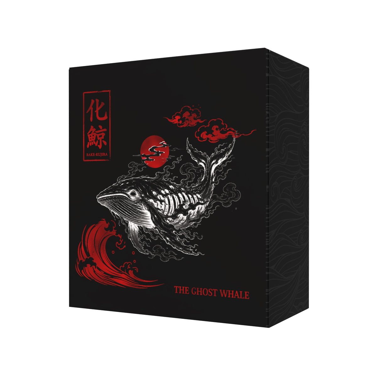 Packaging: Black Bake-Kujira The Ghost Whale presentation box decorated with a skeletal whale, red moon and waves.