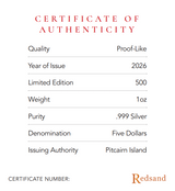 Certificate back: Bake-Kujira certificate of authenticity listing Proof-Like quality, 2026 issue, mintage 500, 1oz weight and .999 silver purity.