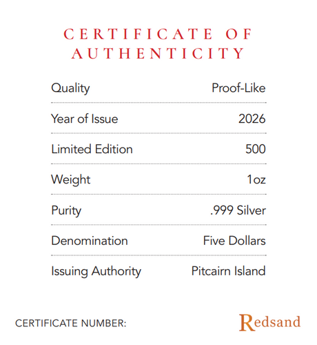 Certificate back: Bake-Kujira certificate of authenticity listing Proof-Like quality, 2026 issue, mintage 500, 1oz weight and .999 silver purity.