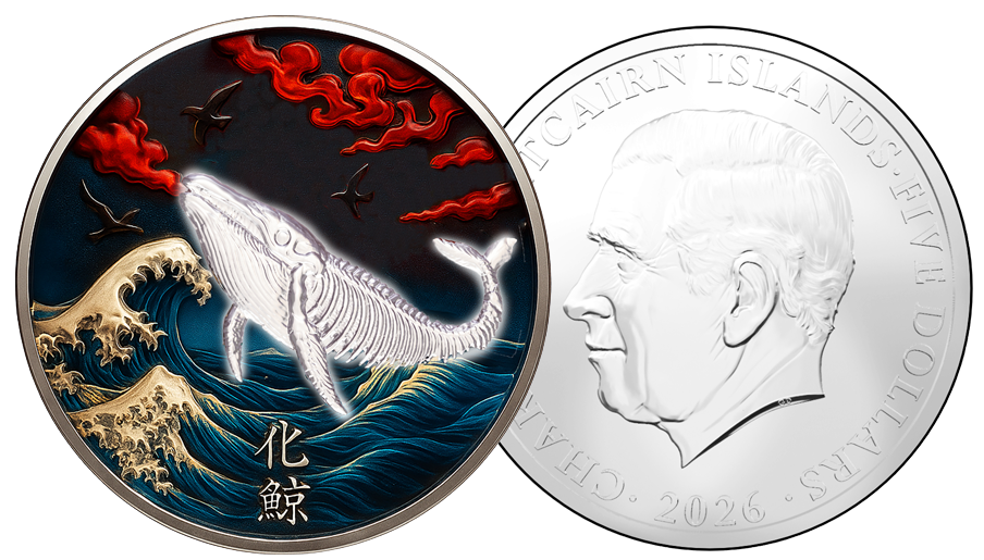 Both sides: Bake-Kujira silver coin showing the coloured skeletal whale reverse alongside the King Charles III obverse.