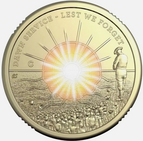 Al-Br coin with a sun design and text 'Dawn Service - Lest We Forget' on a white background