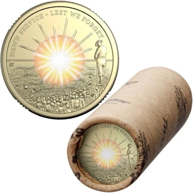 Coin with engraved design and text, displayed both on a white background and in a roll of 25 wrapped in tube of brown paper.