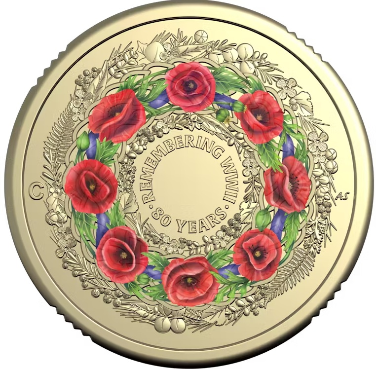 Australia 2025 $2 Remembrance WWII 80th Anniversary Poppy Wreath C Mintmark Coloured Uncirculated Coin on Card