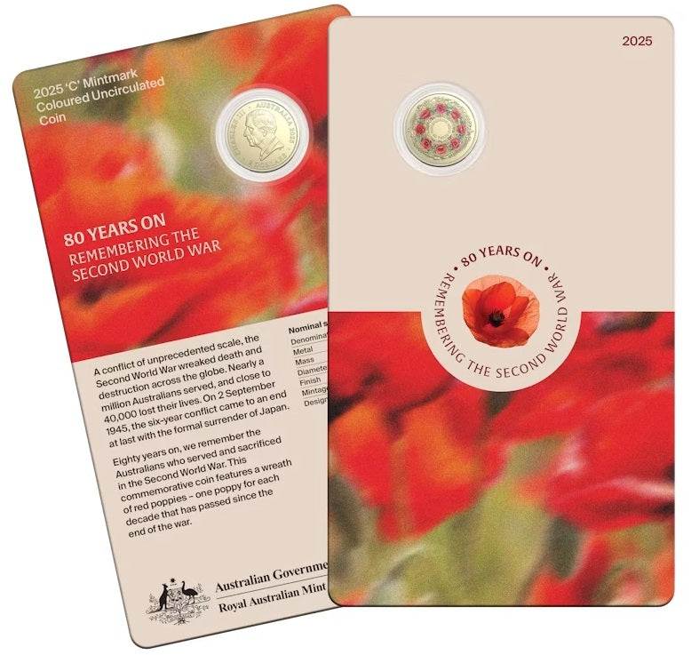 Australia 2025 $2 Remembrance WWII 80th Anniversary Poppy Wreath C Mintmark Coloured Uncirculated Coin on Card