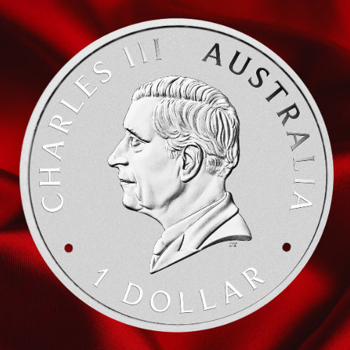 Obverse: 2026 Australian Emu silver coin obverse featuring King Charles III and the Australian one-dollar denomination against a red background.