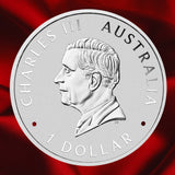 Obverse: 2026 Australian Emu silver coin obverse featuring King Charles III and the Australian one-dollar denomination against a red background.