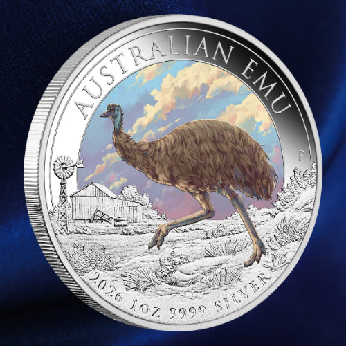 Reverse: 2026 Australian Emu coloured silver coin showing an emu running through the outback, with a windmill and shed, against a blue background.