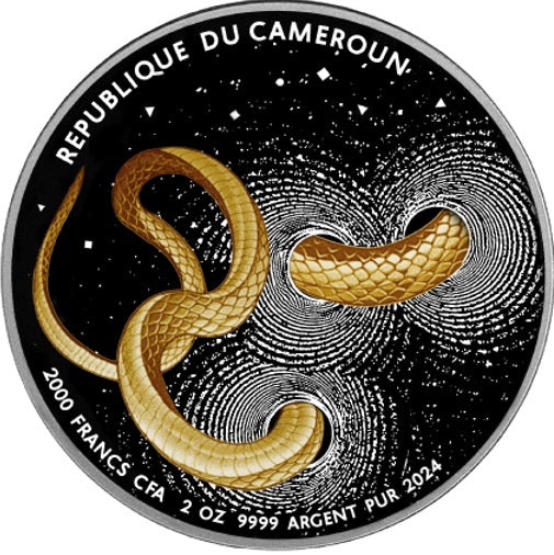 Cameroon 2024 2000 Francs CFA SNAKE Numiversum 2oz Ruthenium Dark Glided .999 Silver High Relief
