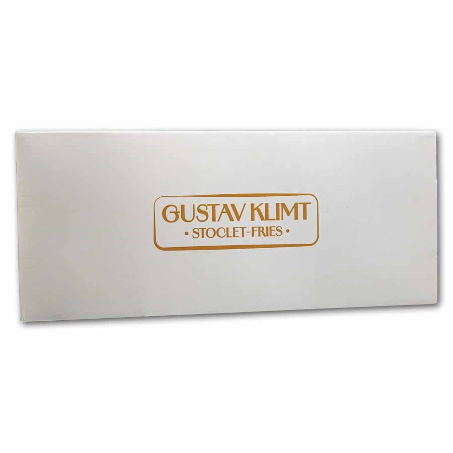 A white rectangular box with a gold border and the text 'GUSTAV KLIMT • STOCLET-FRIES •' printed in gold on the front, shown on a white background.