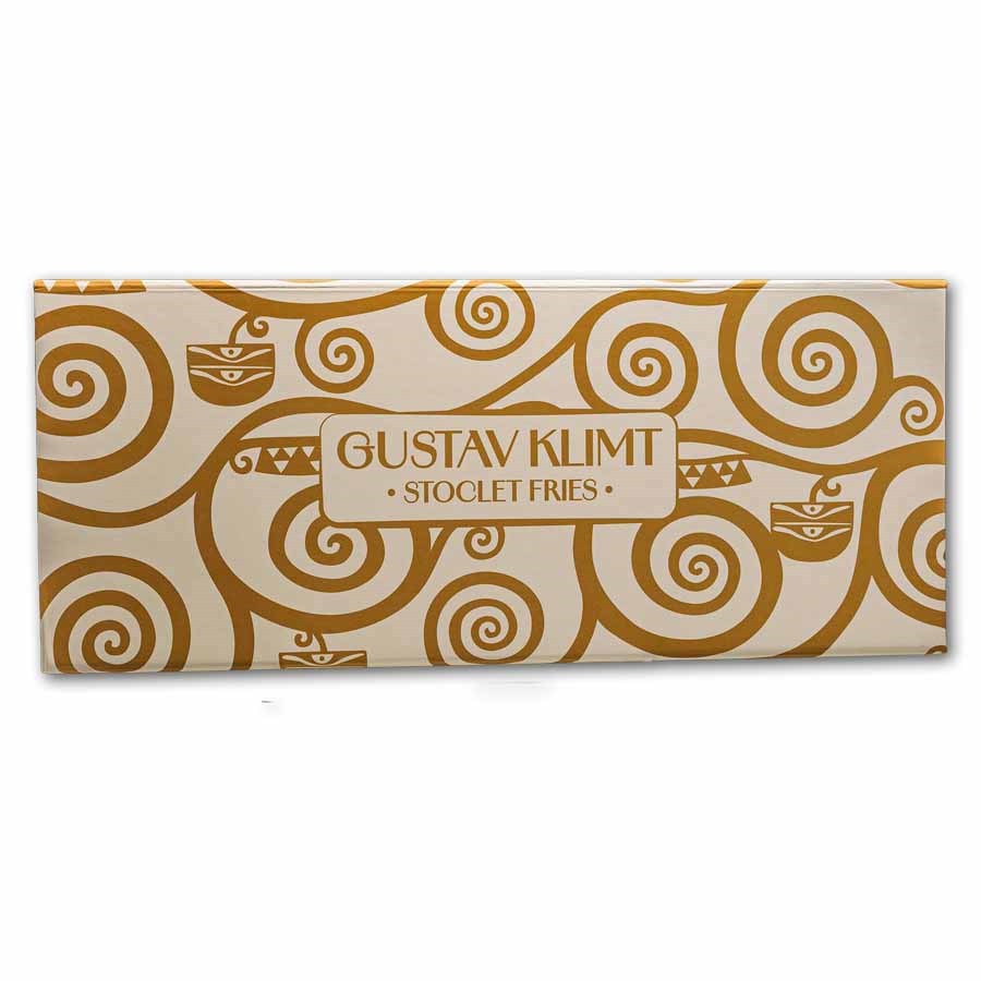 A rectangular package of Gustav Klimt Stoclet Fries, featuring a cream-colored background with a gold abstract swirl pattern and a central label with the brand name.