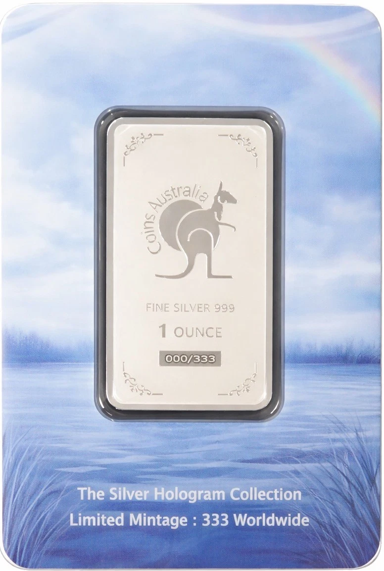 Silver bar with holographic design on a blue card