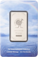 Silver bar with holographic design on a blue card