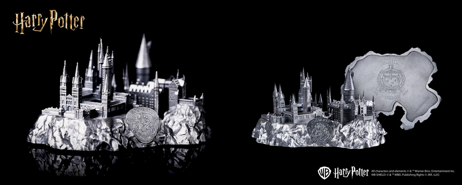 Samoa 2025 $10 HARRY POTTER HOGWARTS CASTLE 5oz .999 Silver Coin Animated gif showing rotating coin and Detal and Obverse