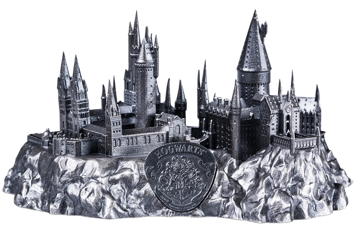 Metallic model of a castle with 'Hogwarts' on a white background