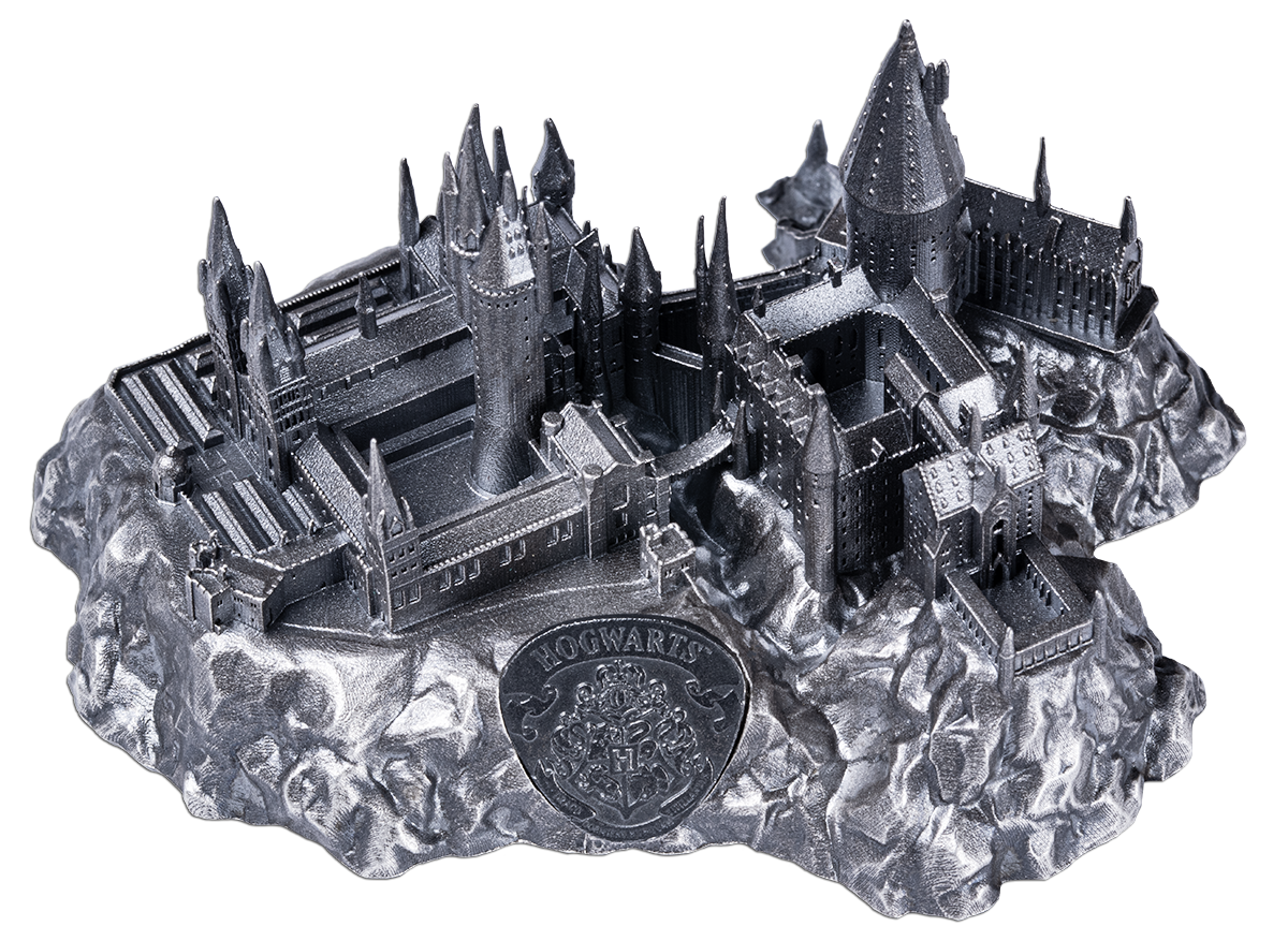 Model of a castle with 'Hogwarts' on a rocky base
