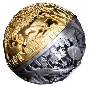  Nature and Technology silver sphere showing gold-plated wildlife and antiqued technological motifs.