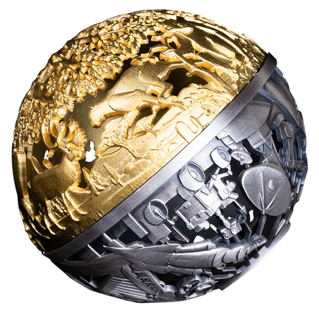  Nature and Technology silver sphere showing gold-plated wildlife and antiqued technological motifs.
