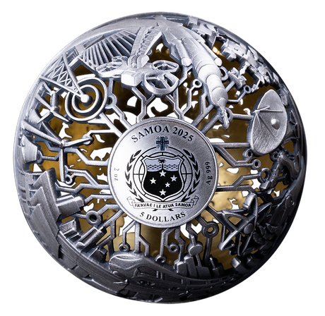 Samoa 2025 five-dollar emblem surrounded by technological openwork on the silver sphere.