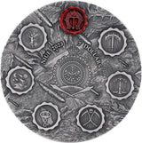 Niue 2023 $7 WHITE HORSE of VICTORY Seven Seals of the Apocalypse 3 Oz .999 Coloured and Gilded Obverse Antique Silver Coin Obverse