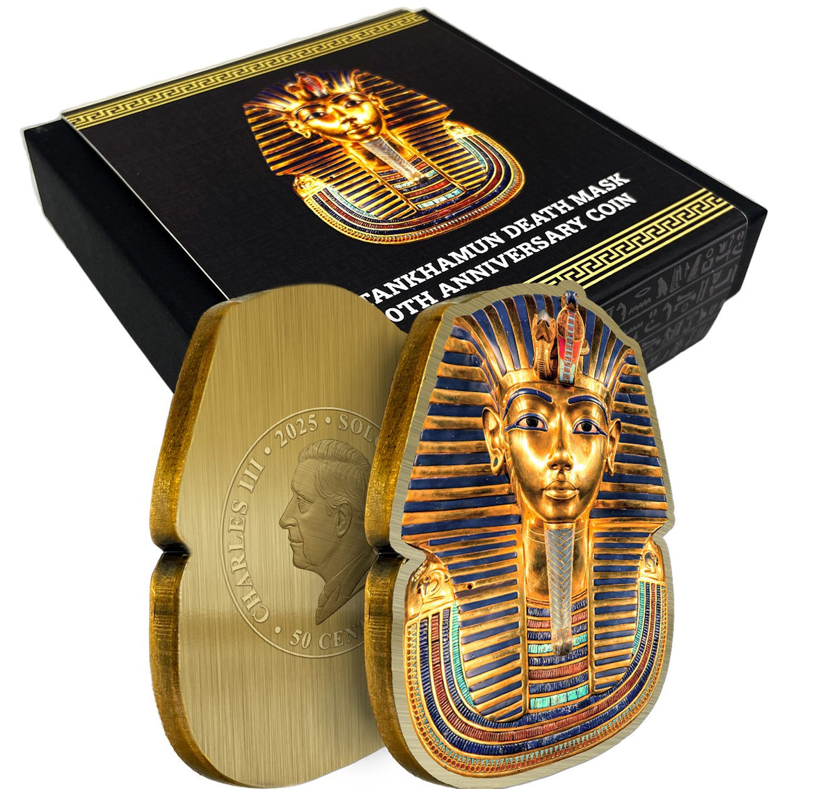 Gold Pharaoh mask coin with packaging on a white background