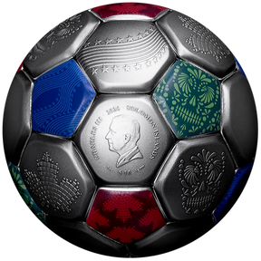 Decorative soccer ball with embossed patterns and a portrait on a white background