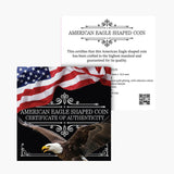 American Eagle shaped coin certificate of authenticity with American flag and eagle design.