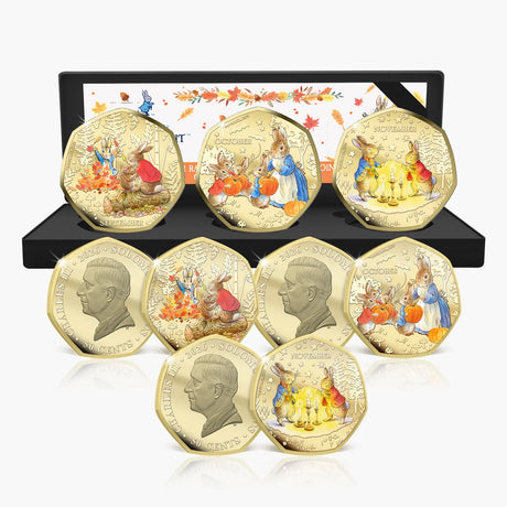 Solomon Islands 2026 Peter Rabbit Tales of Autumn coin set showing three coloured designs, King Charles III obverses and presentation case.