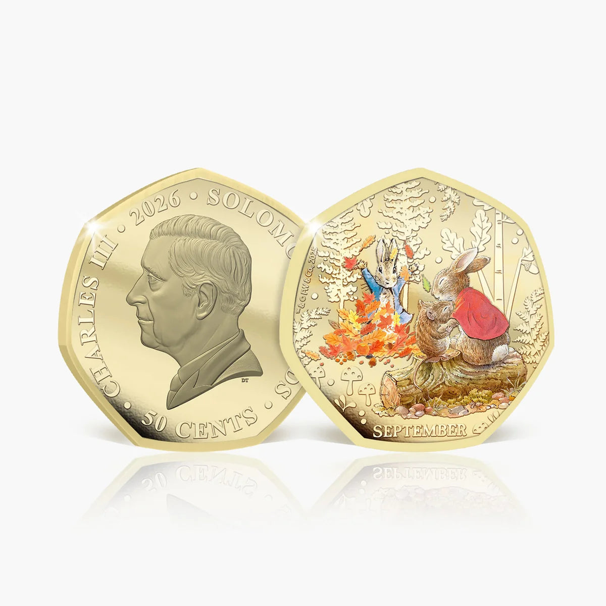 Solomon Islands 2026 50c September coin showing rabbits among autumn leaves beside the King Charles III obverse.
