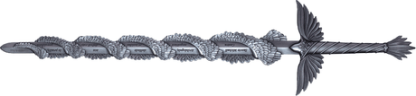 Opposite horizontal view of Saint Michael’s silver sword, showing the prayer inscriptions framed by sculpted feathers and the spiralling grip.