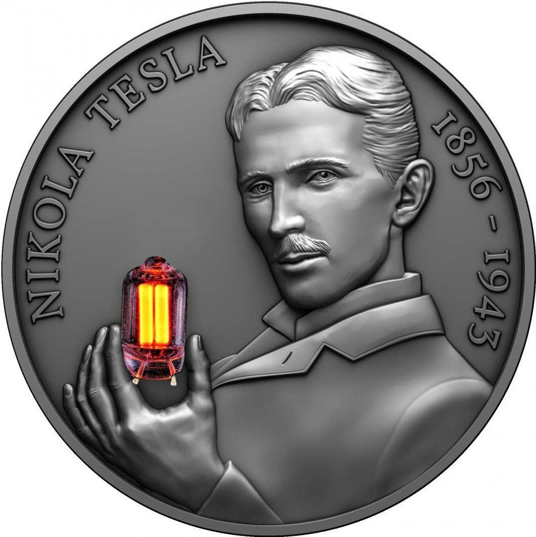 Cameroon 2023 2000 Francs NIKOLA TESLA 2oz Silver Coin with Lamp Reverse with Lamp on