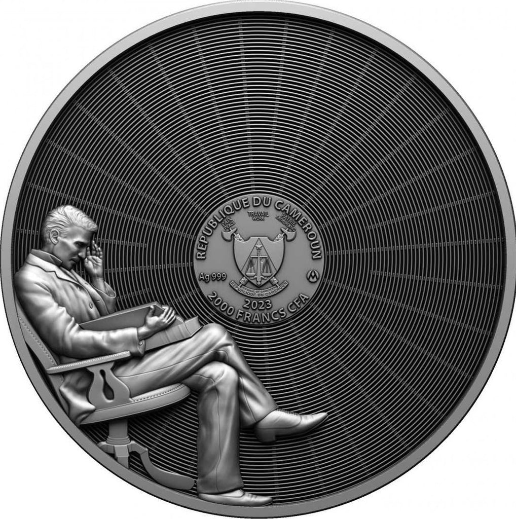 Cameroon 2023 2000 Francs NIKOLA TESLA 2oz Silver Coin with Lamp Obverse