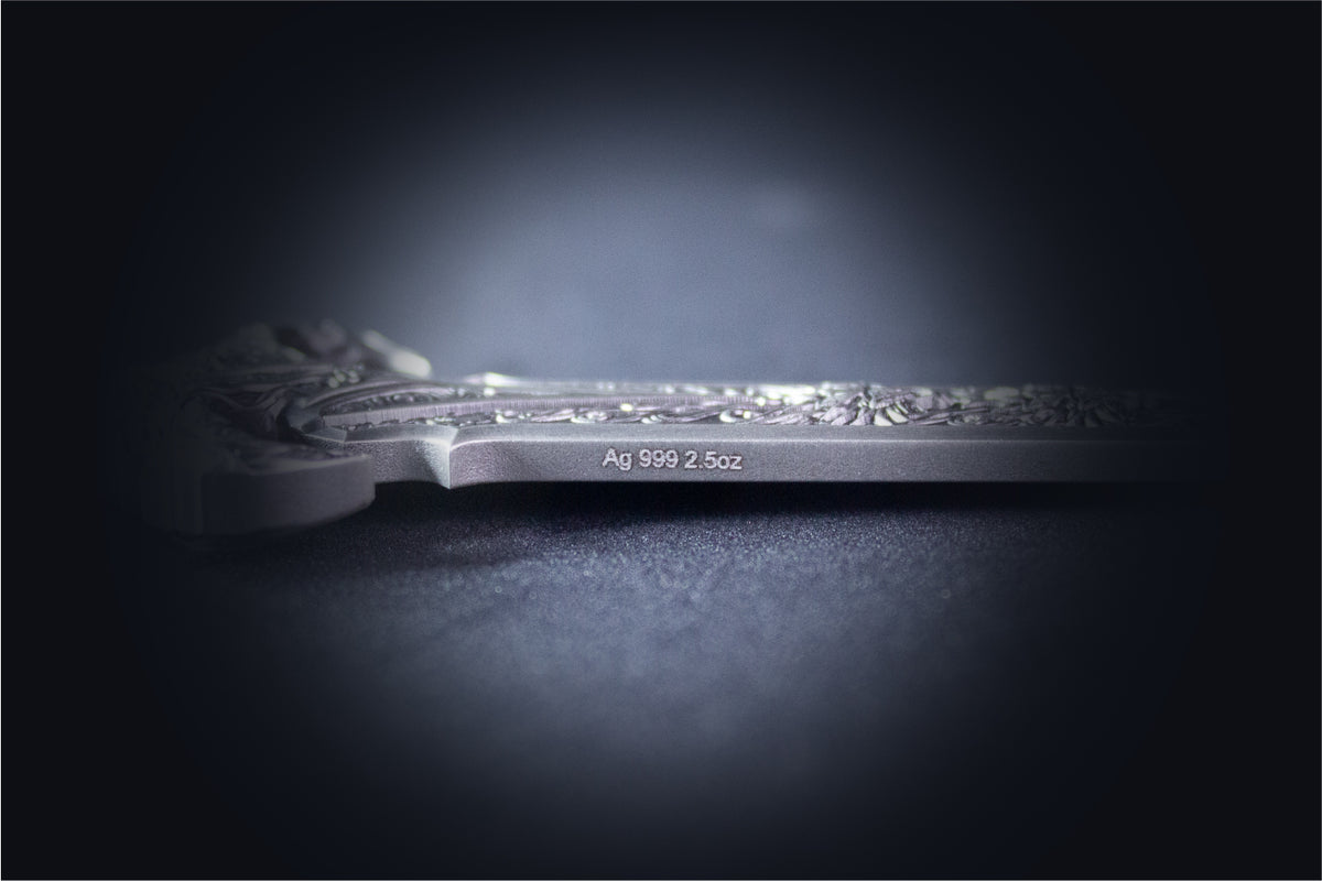 KOMSCO South Korea 2024 The Sword of Chiwoo 2.5 oz .999 Silver Antiqued Shaped Coin