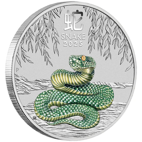 A colored coin with an image of a snake on it, surrounded by a silver border, with Inscription Year of the Snake 2025.