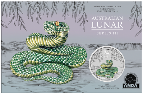 Melbourne Money Expo ANDA Special 2025 Year of the Snake silver coin in its illustrated Australian Lunar Series III presentation card