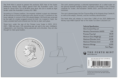 Back of the Melbourne ANDA Snake presentation card showing King Charles III, coin specifications and Perth Mint information