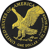 A 2024 United States of America $1 American Eagle coin in gold and black, featuring an eagle in flight.