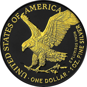 A 2024 United States of America $1 American Eagle coin in gold and black, featuring an eagle in flight.