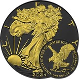 Gold coin with intricate designs of a woman on the Obverse and eagle on the reberse on a white background.