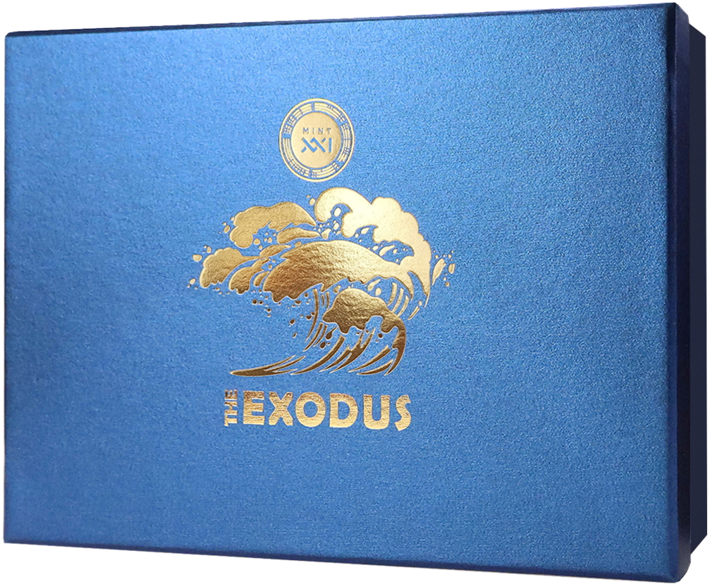 The cobalt blue outer packaging box for the 2023 Tokelau $10 "The Exodus" 5 oz silver coin. The matte blue cover features minimalist branding, highlighted by "The Exodus" elegantly printed in a stylized metallic gold font alongside a stylized golden illustration of stylized, surging waves.