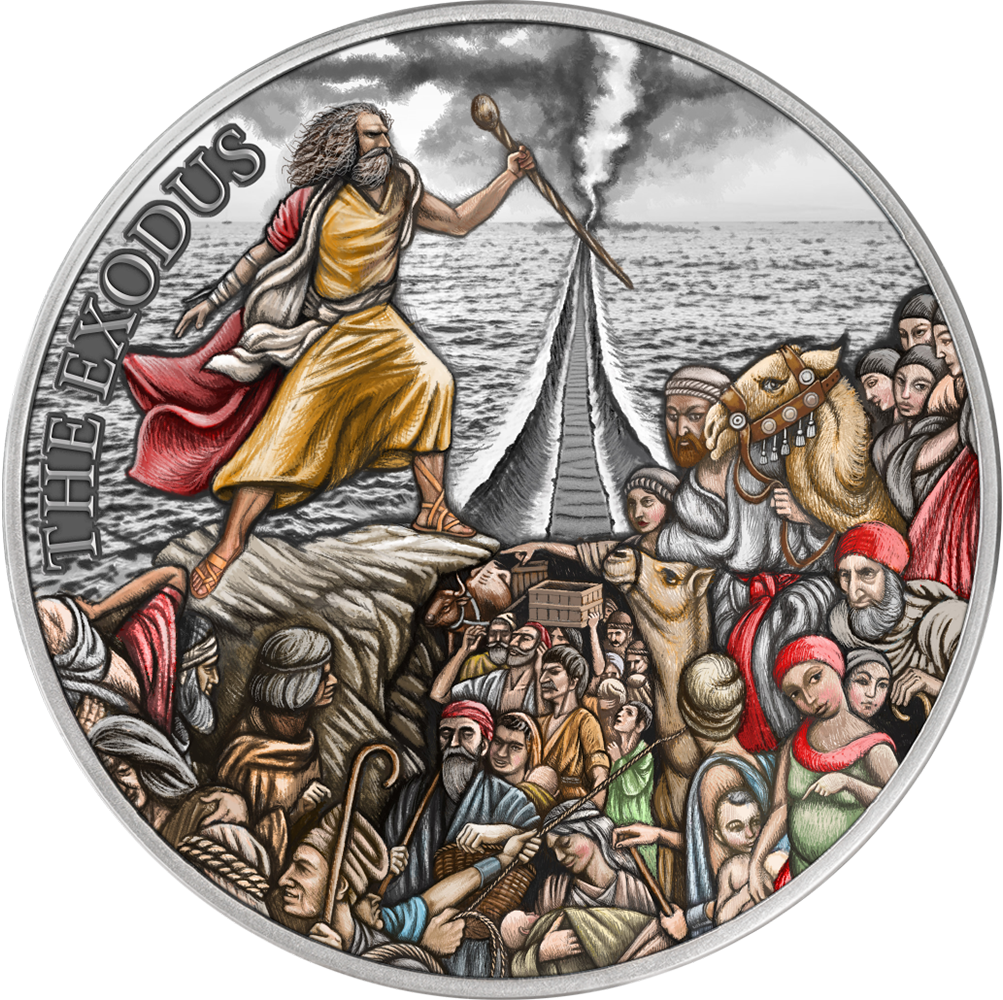 A collectible coin featuring an illustration of Moses with a sword, with a background that includes the parted Red Sea and a crowd of Israelites.