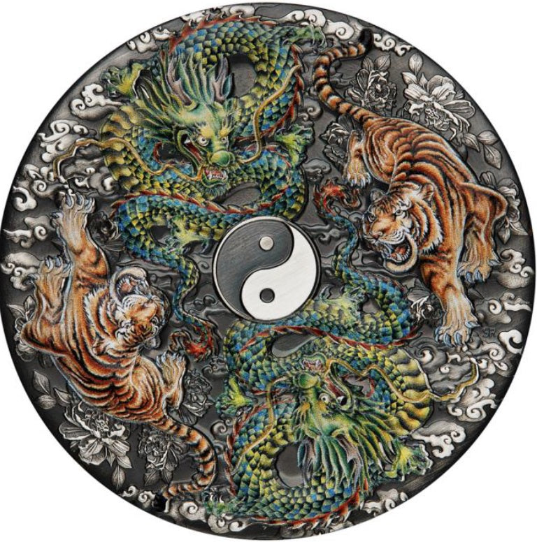 Tuvalu 2023 5 dollar Double Dragon and Double Tiger 5oz silver antiqued coloured coin reverse side featuring two dragons and two tigers around a colourful yin yang symbol.