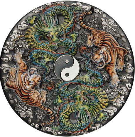 Tuvalu 2023 5 dollar Double Dragon and Double Tiger 5oz silver antiqued coloured coin reverse side featuring two dragons and two tigers around a colourful yin yang symbol.