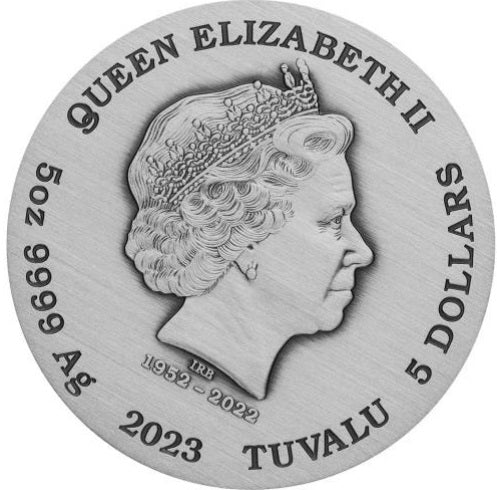Obverse of Tuvalu 2023 5oz silver Double Dragon and Double Tiger coin showing the Queen Elizabeth II memorial effigy with dates 1952 to 2022 and 5 dollar face value.