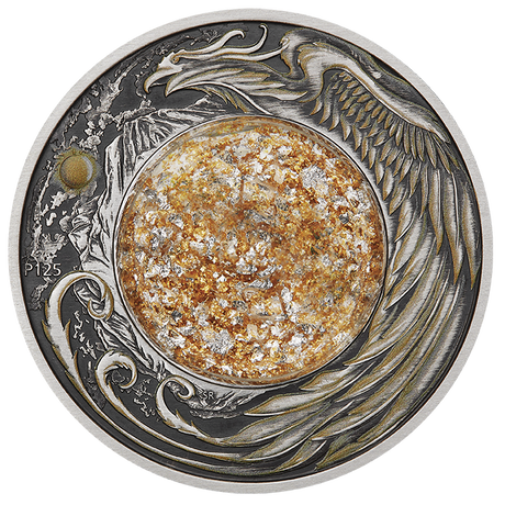 Decorative coin with intricate designs and a central circulardome with gold and silver metallic flakes in fluid on a transparent background