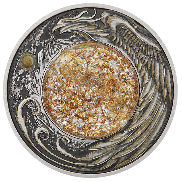 Decorative coin with intricate designs and a central circulardome with gold and silver metallic flakes in fluid on a transparent background